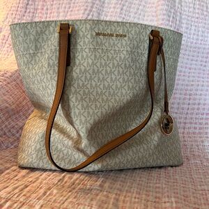 Michael Kors Beige Monogram Tote with Brown Leather Straps